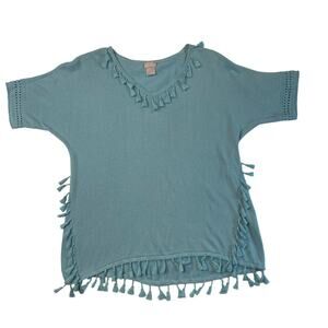Chicos Sz 1 Linen Cotton Tassel Top Blue Boho Beach Tunic Medium Natural Fibers